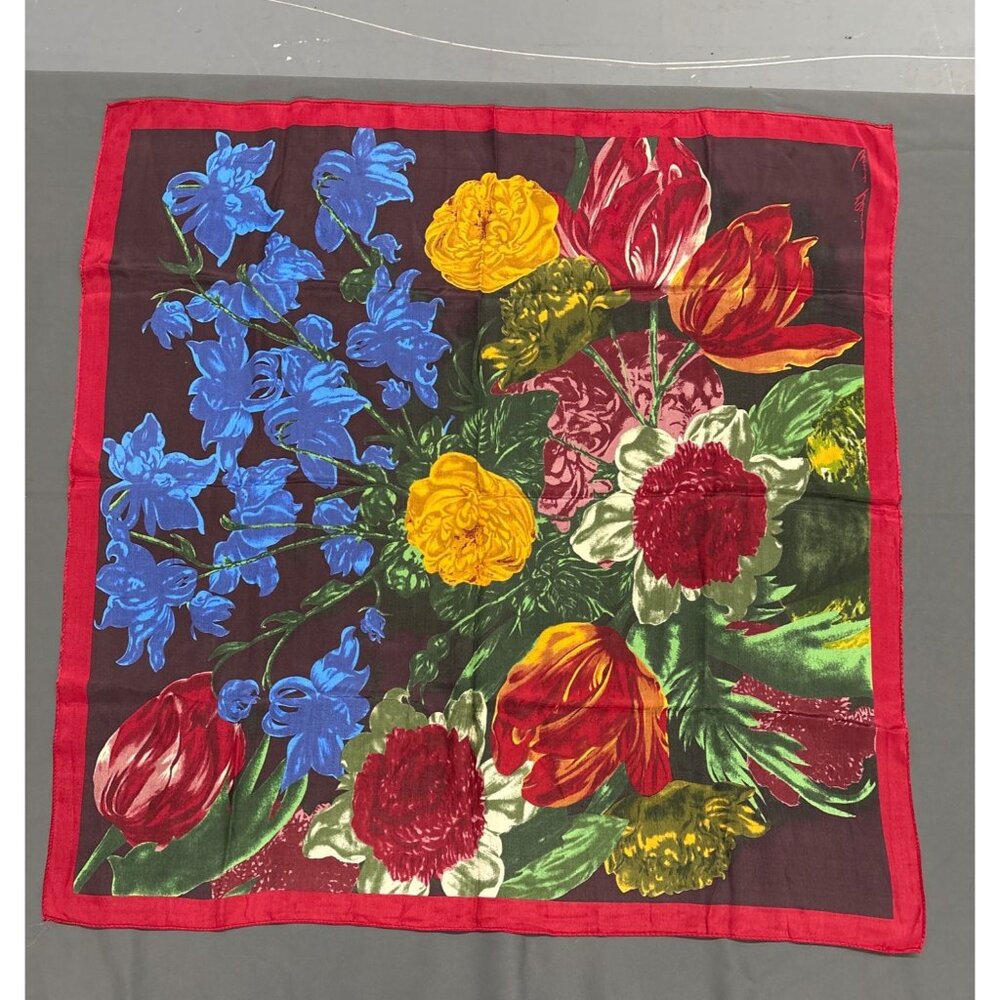 Anne Klein Vintage Floral Silk Scarf 30.5" Square Red Border Multicolor Design H